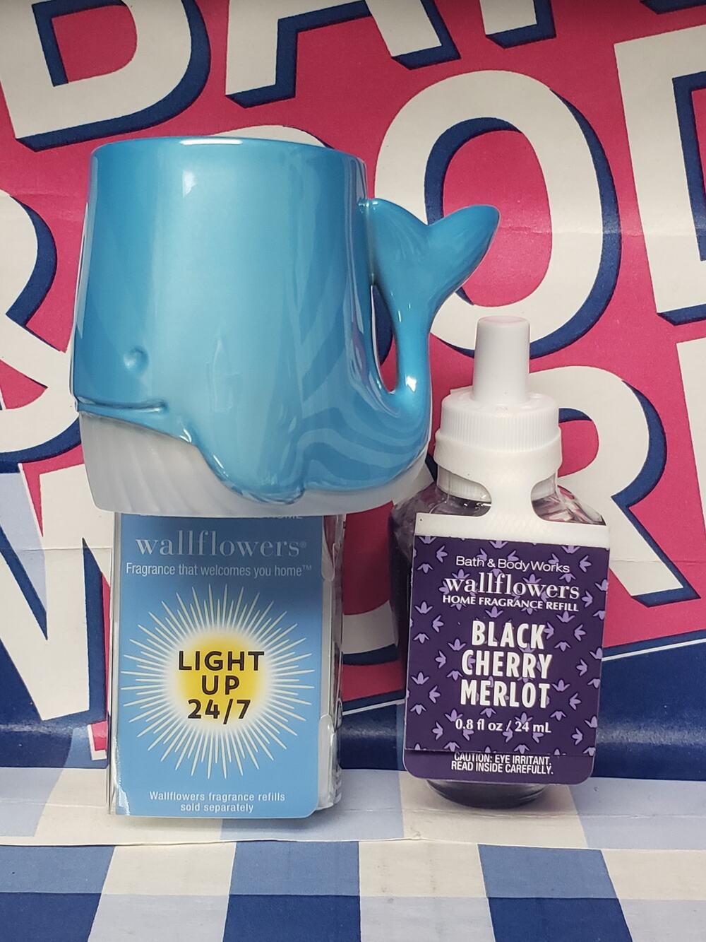 BBW Blue Whale Night Light Fragrance Wallflower Plug In & BC Merlot Refill